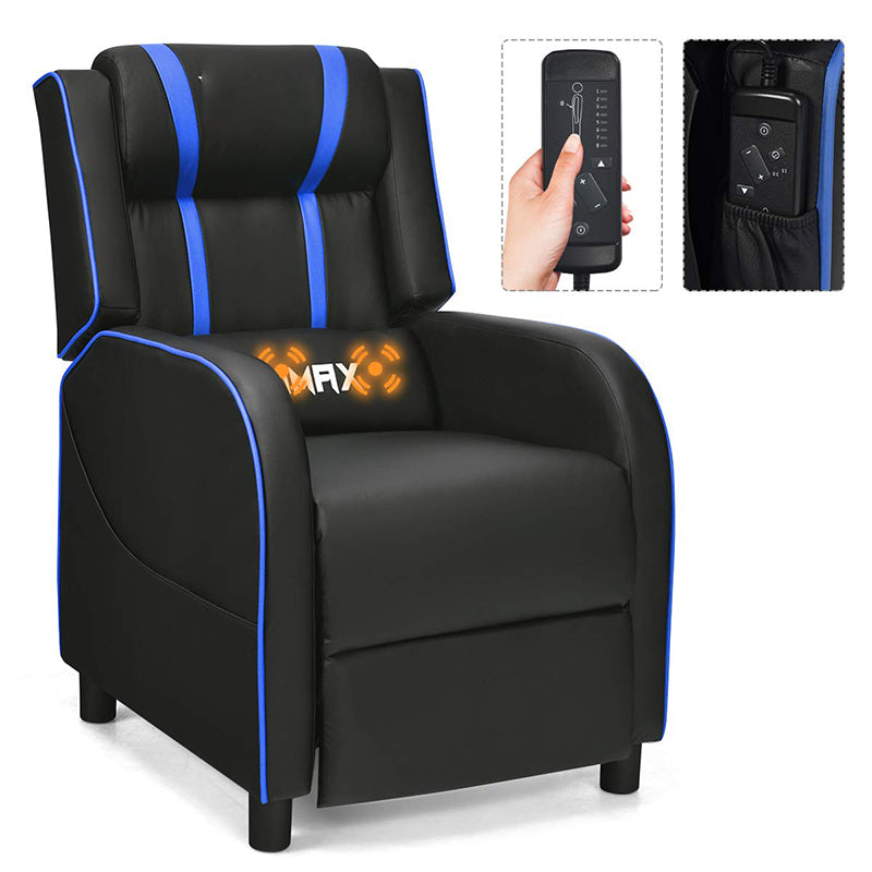 Gaming Recliner, Massage Gaming Chair w/Adjustable Footrest, Remote Control & Side Pocket, Ergonomic Game Lounge Chair, Racing Style Single Theater Seat Game Sofa for Adults (Blue)